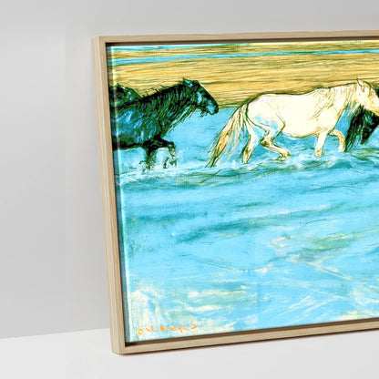 Painted Herd in Azure - artwork detail in a natural float frame