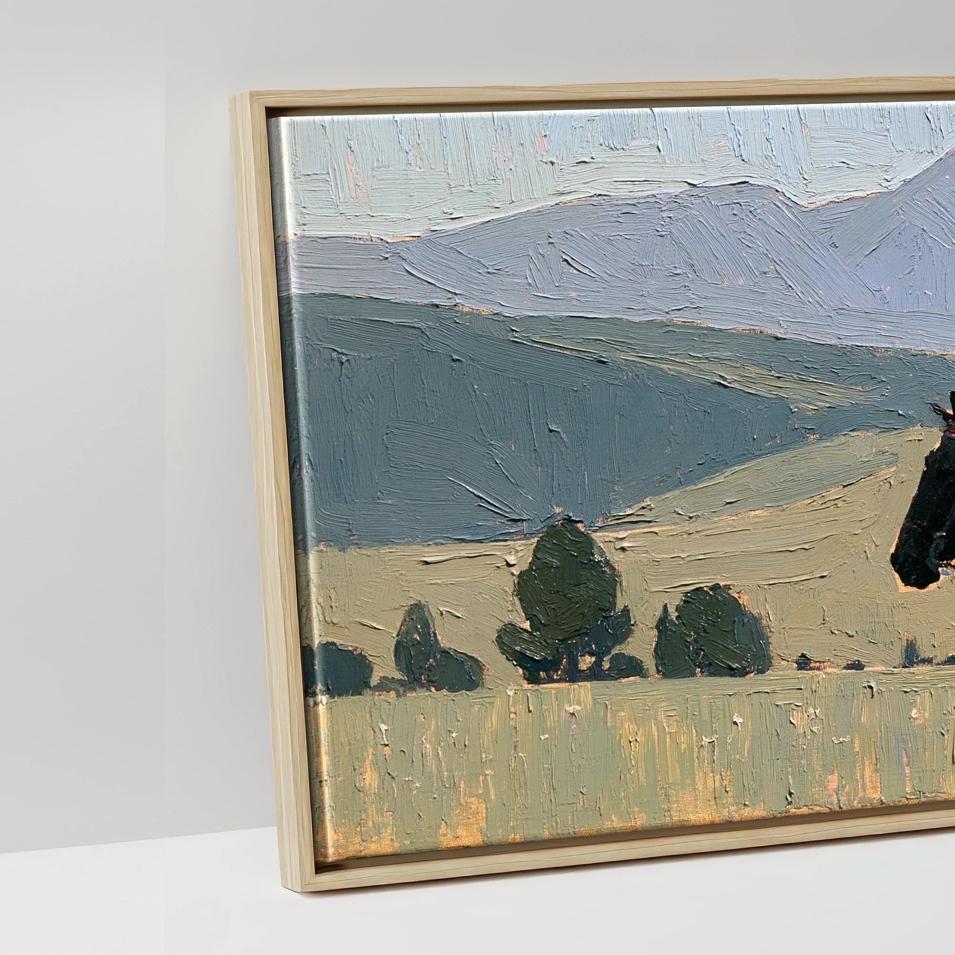 Across the Blue Ranges - artwork detail in a natural float frame