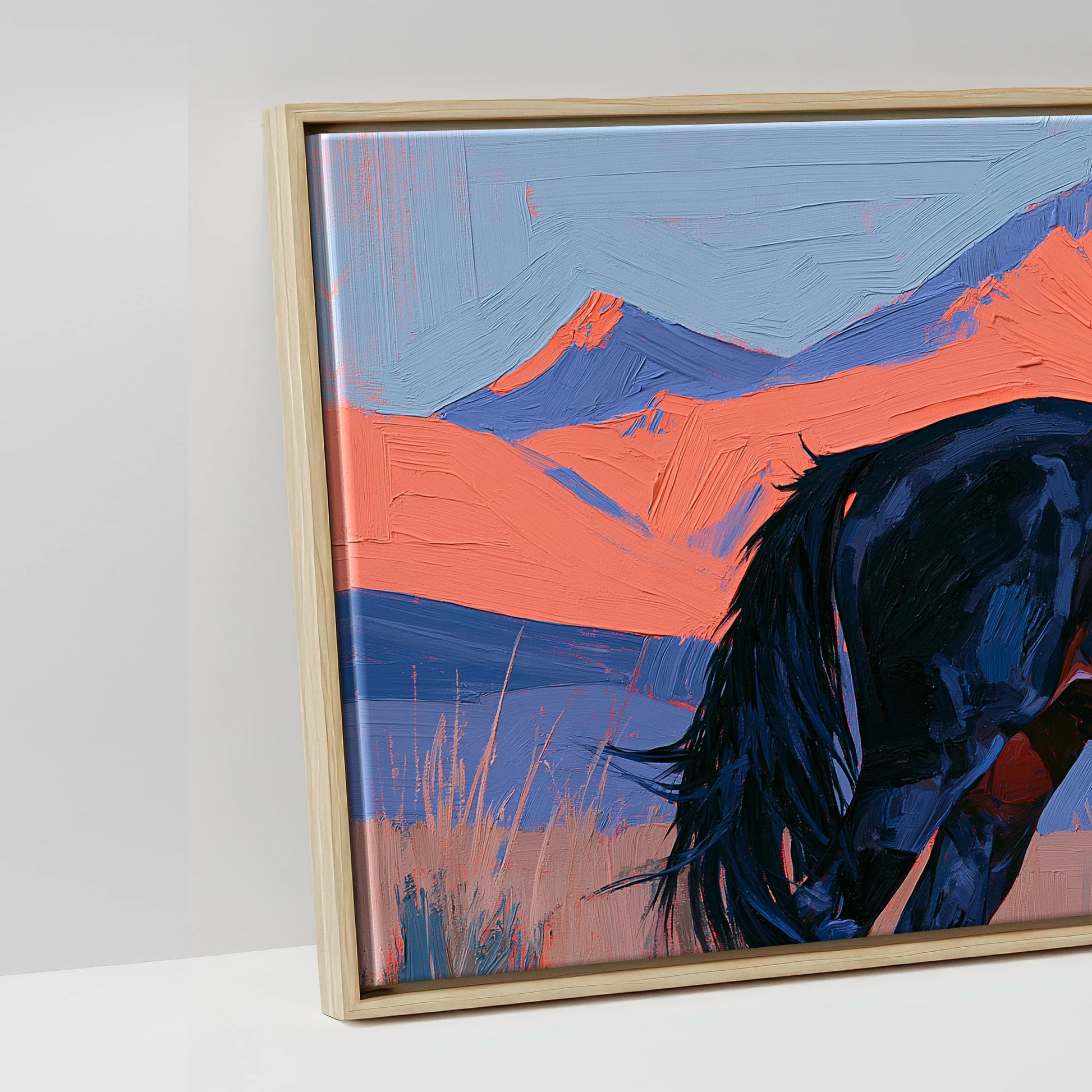 Coral Peaks and Indigo - artwork detail in a natural float frame
