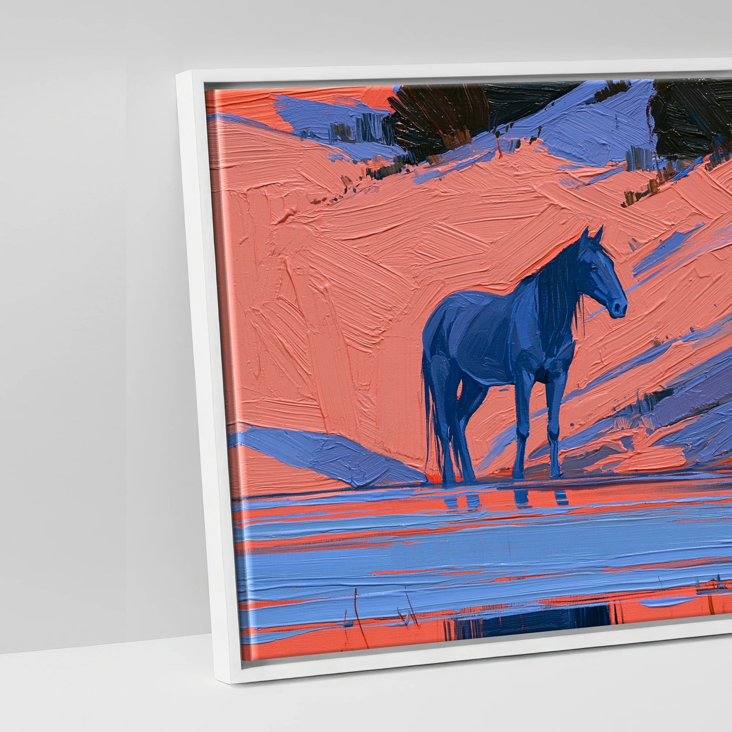 Indigo and Coral Herd - artwork detail in a white float frame