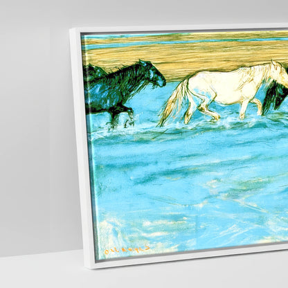 Painted Herd in Azure - artwork detail in a white float frame
