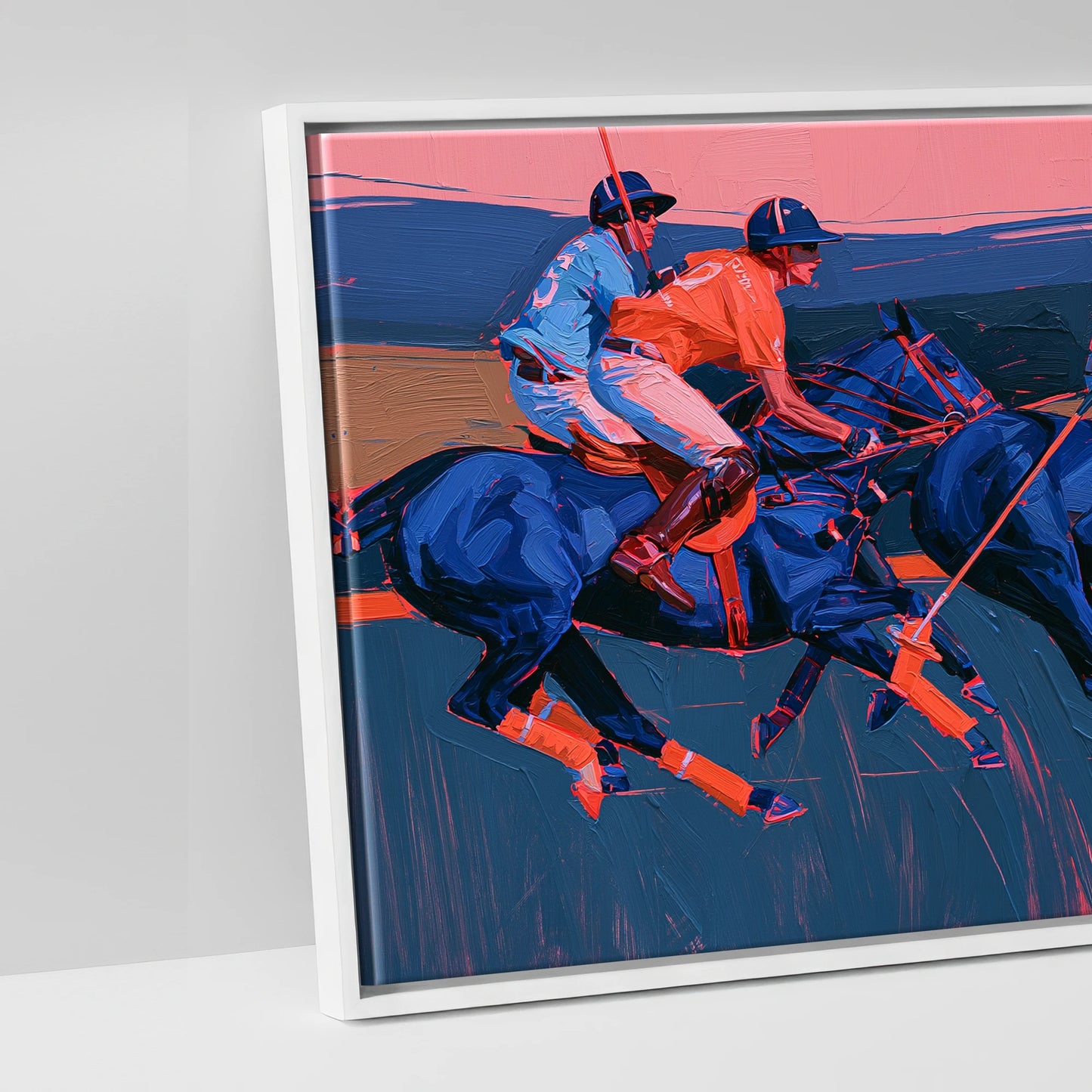Vibrant Polo Charge - artwork detail in a white float frame