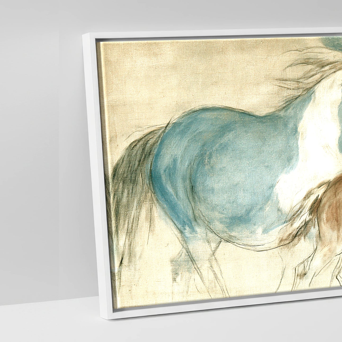 Teal and Parchment Herd - artwork detail in a white float frame