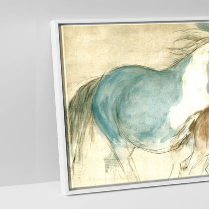 Teal and Parchment Herd - artwork detail in a white float frame