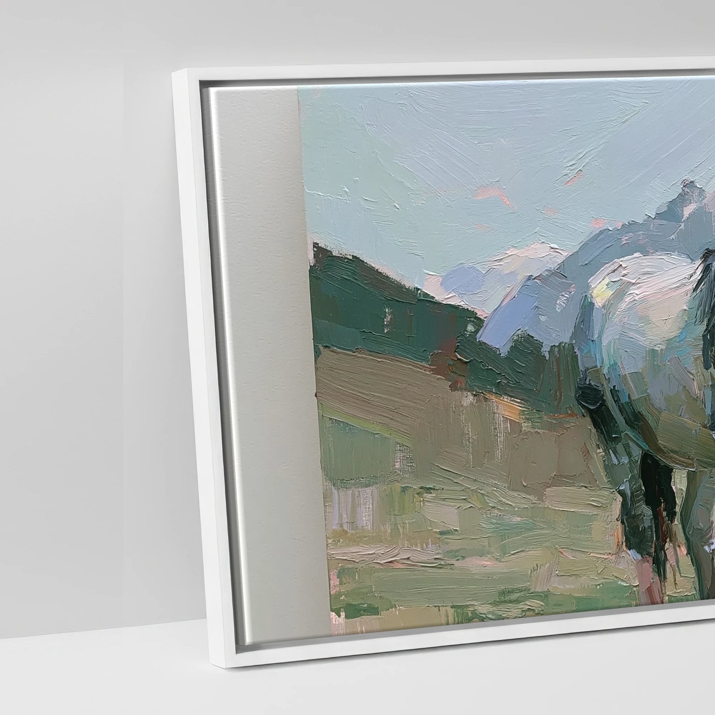 Pastures Beneath the Peaks - artwork detail in a white float frame