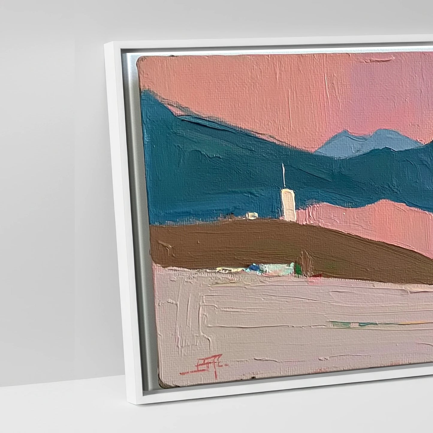 Rose and Teal Horizon - artwork detail in a white float frame