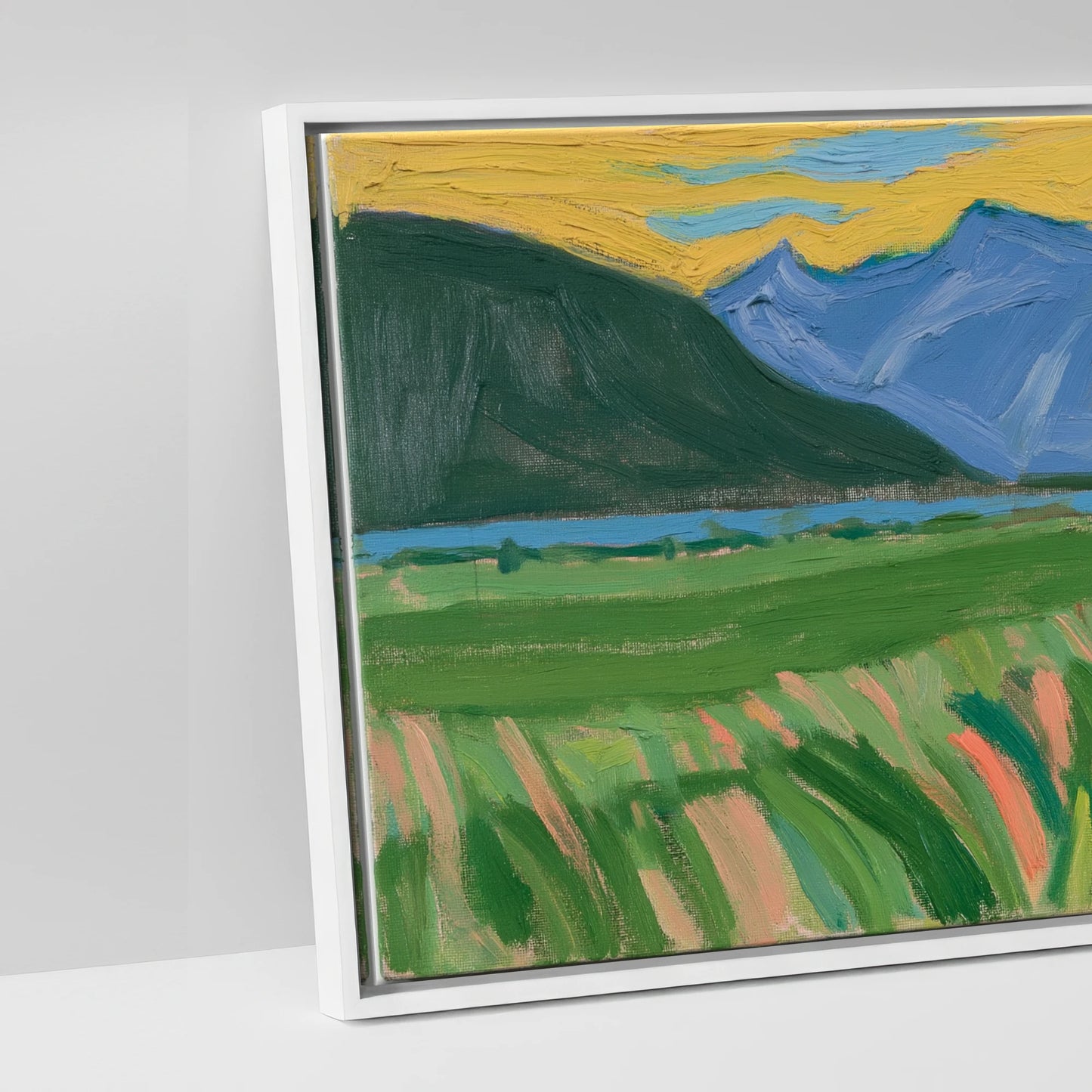 Vibrant Mountain Pasture - artwork detail in a white float frame