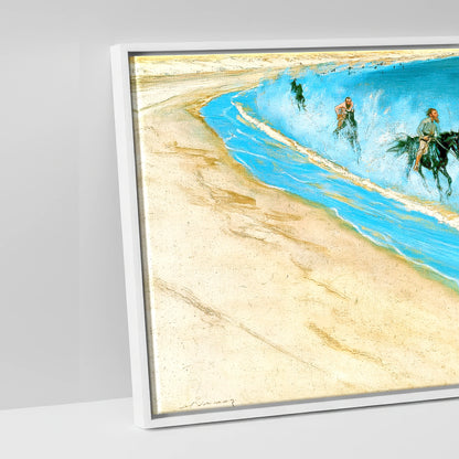 Galloping Through the Surf - artwork detail in a white float frame