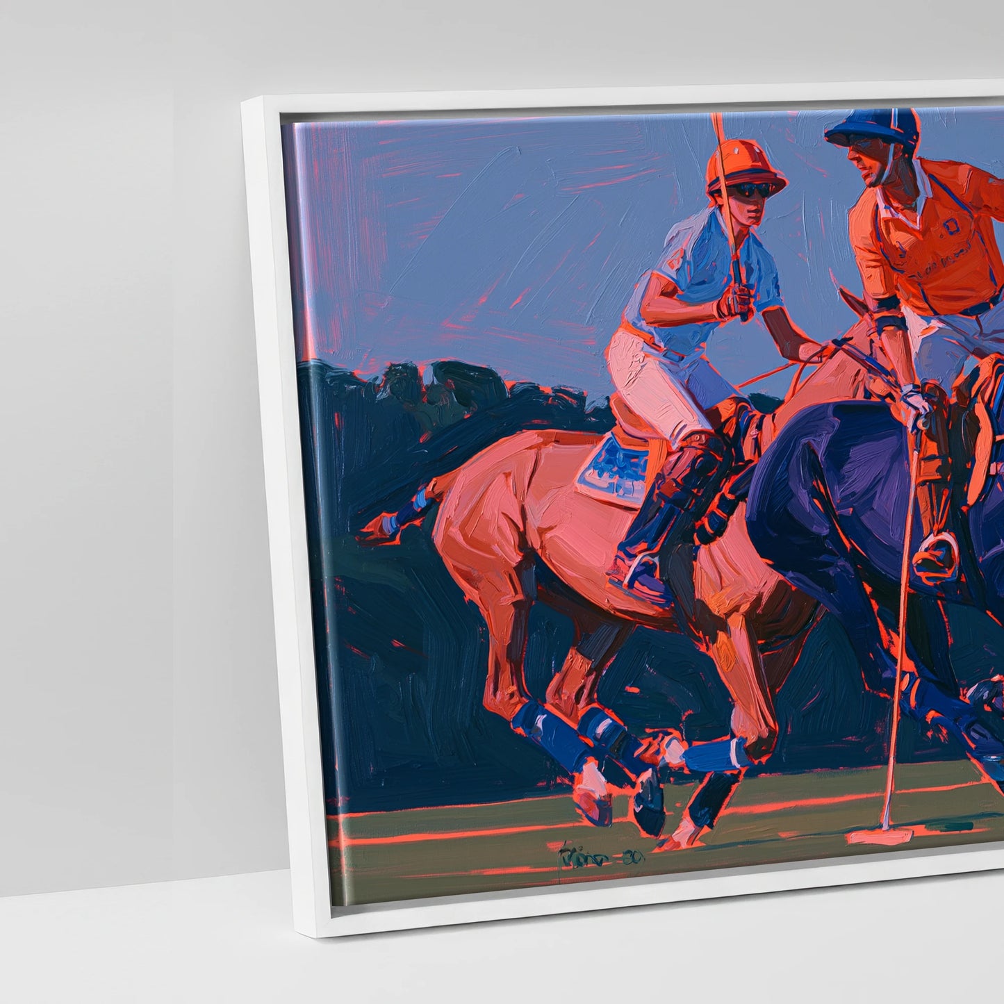Vibrant Polo Charge - artwork detail in a white float frame