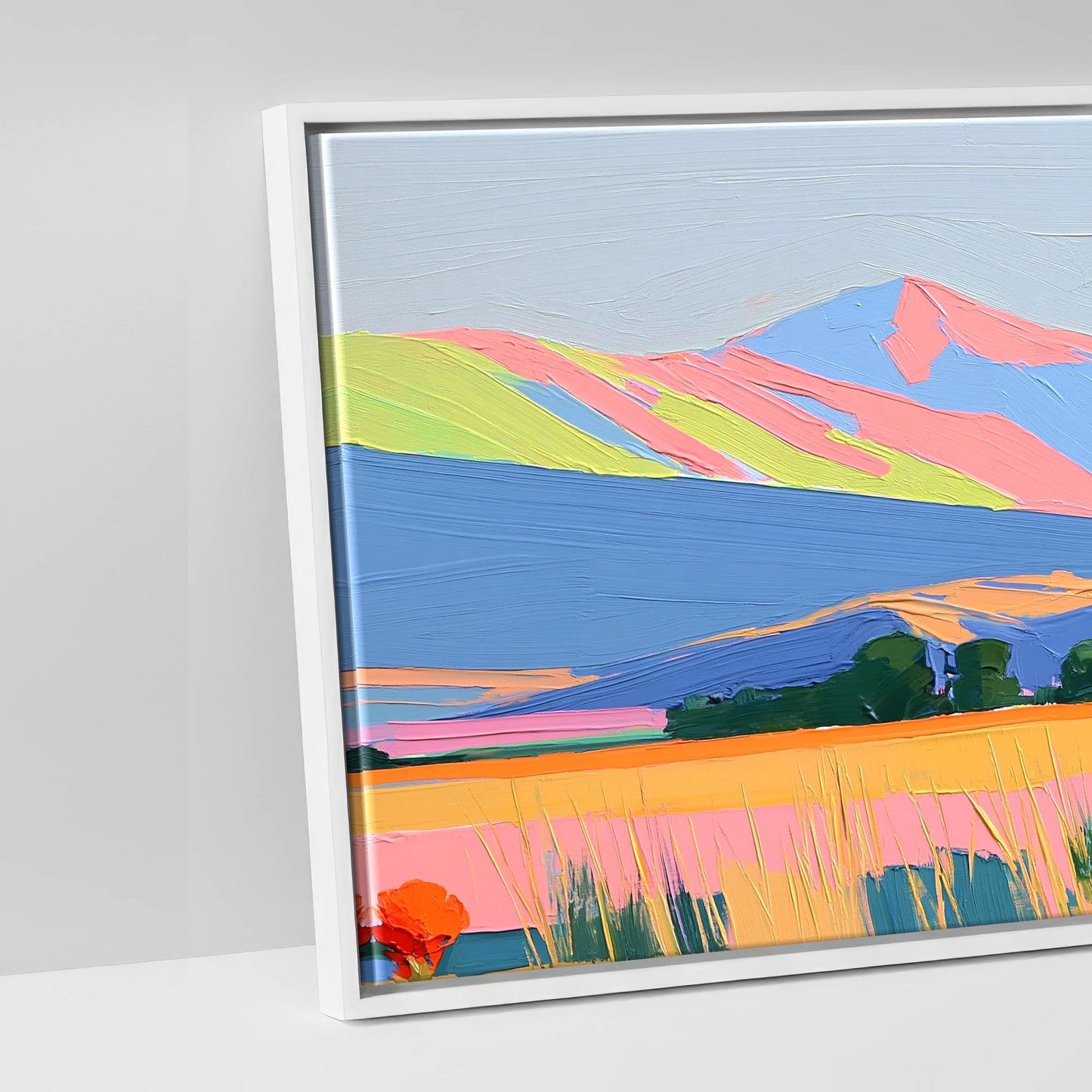 Technicolour Mountain Pasture - artwork detail in a white float frame