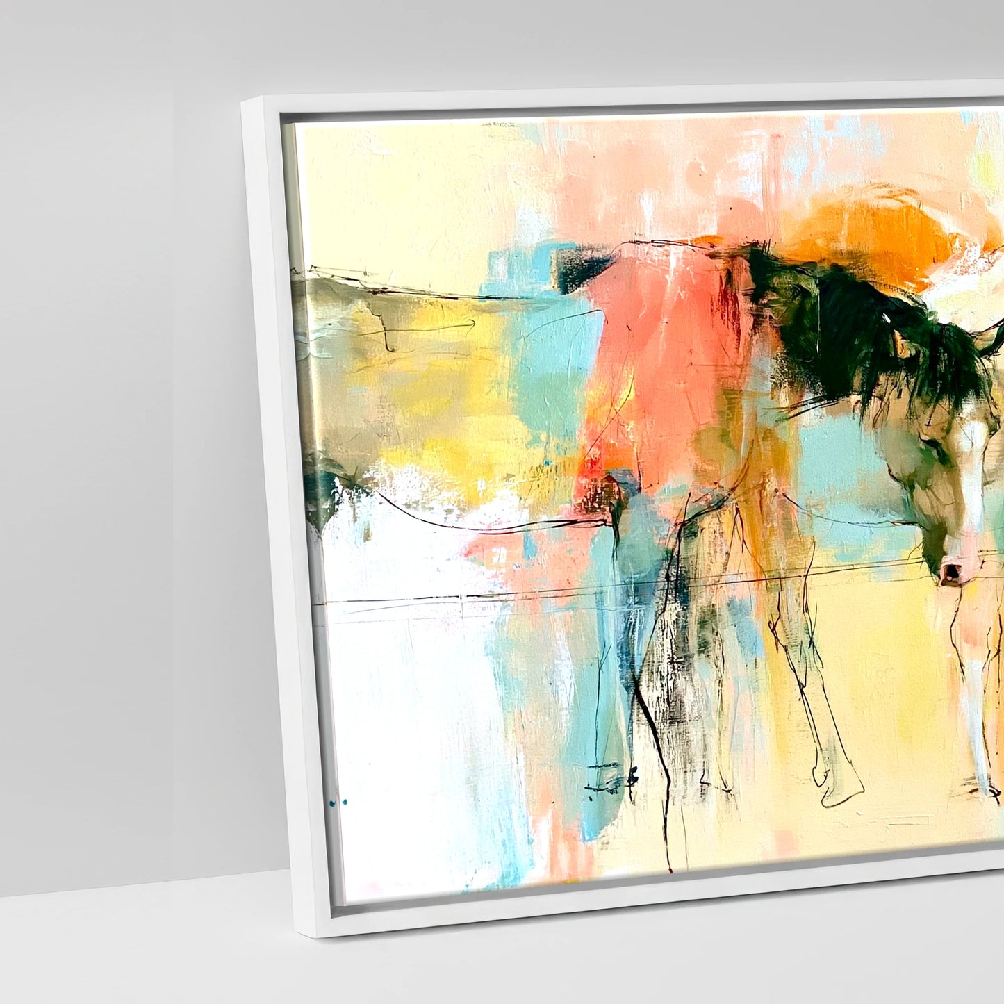 Vibrant Pasture Companions - artwork detail in a white float frame