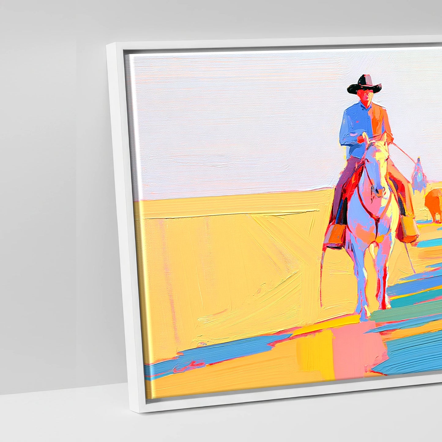 Vibrant Cattle Drive - artwork detail in a white float frame