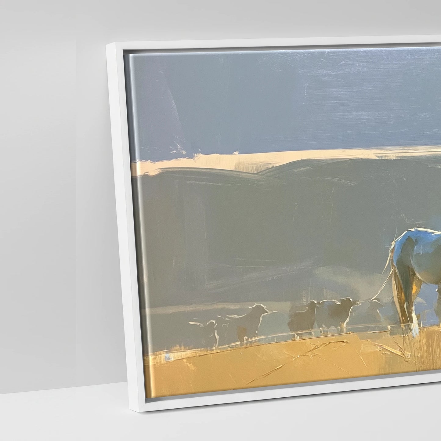 Sunlit Pasture Gathering - artwork detail in a white float frame