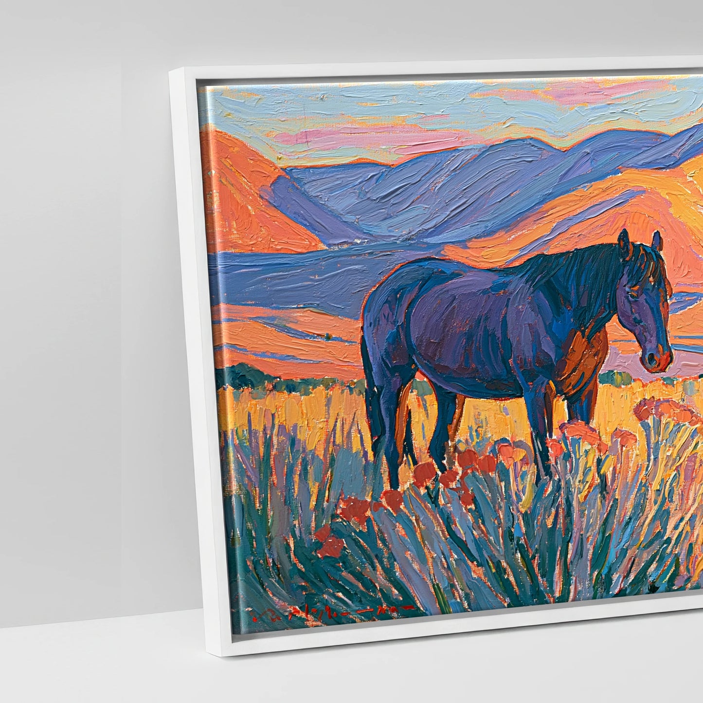 Vibrant Mountain Pasture - artwork detail in a white float frame