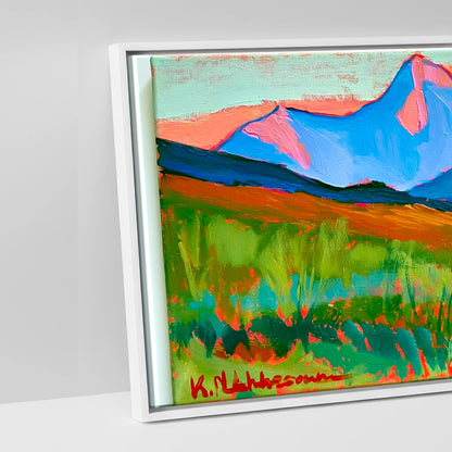 Technicolour Mountain Grazing - artwork detail in a white float frame