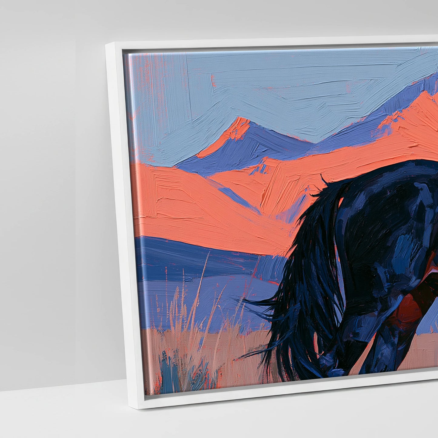 Coral Peaks and Indigo - artwork detail in a white float frame