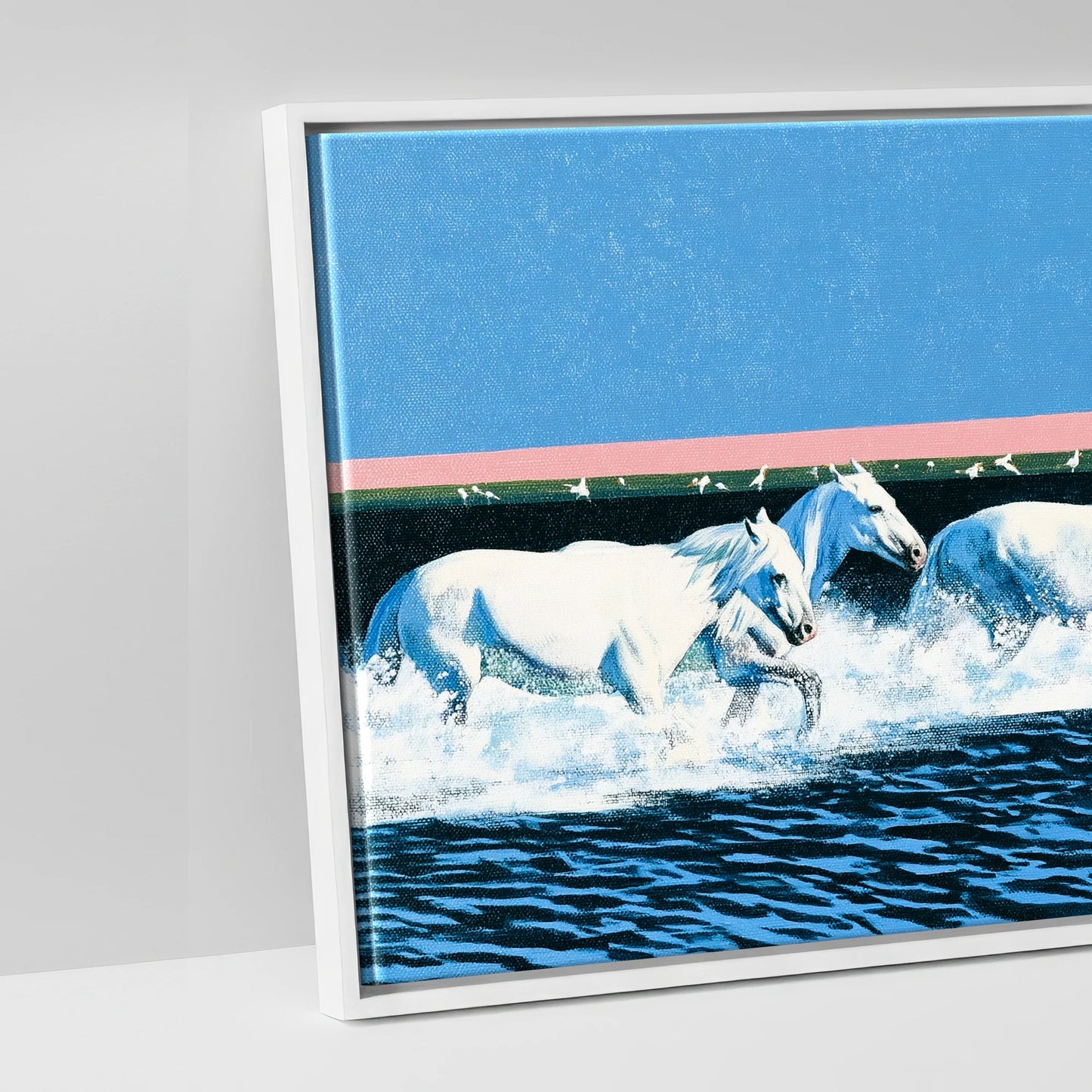 Azure Coastal Gallop - artwork detail in a white float frame