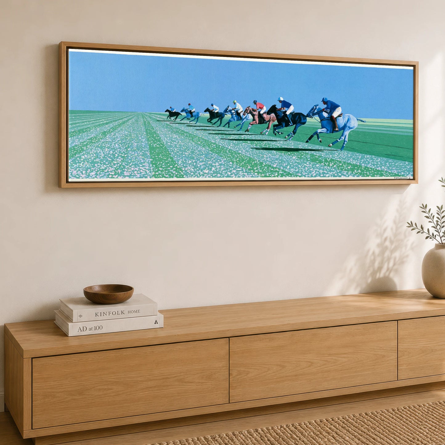 Rhythm of the Chukka Polo Horse panoramic canvas wall art displayed above a sideboard