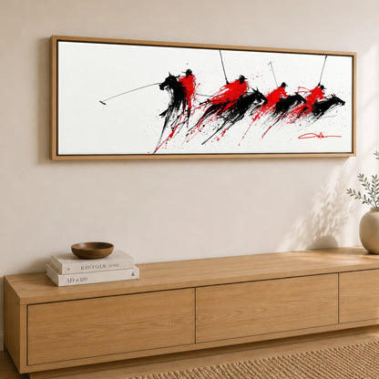 Crimson Polo Pursuit Polo Horse panoramic canvas wall art displayed above a sideboard