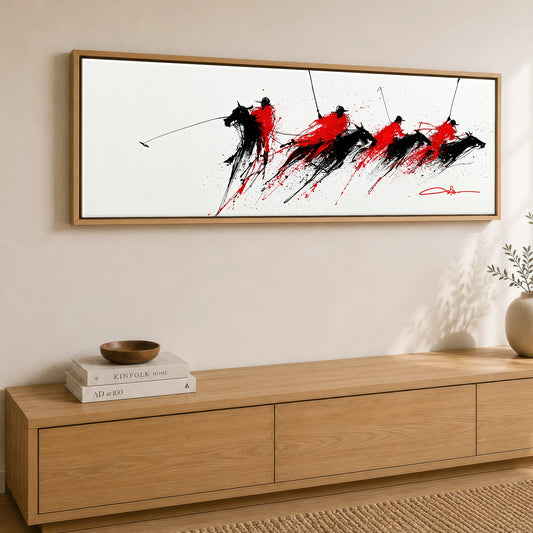 Crimson Polo Pursuit Polo Horse panoramic canvas wall art displayed above a sideboard