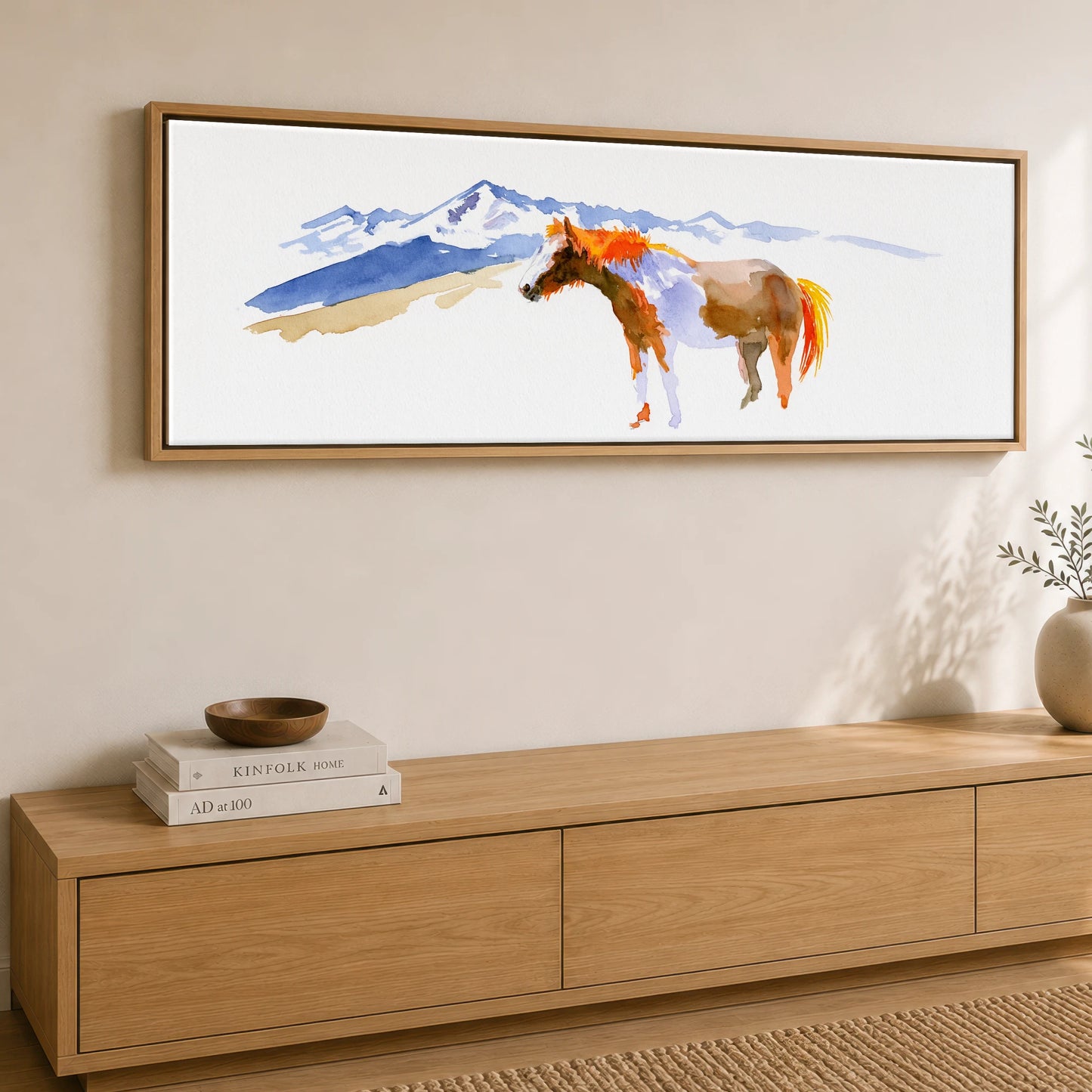 Spirit of the Ridge Horse Landscape panoramic canvas wall art displayed above a sideboard