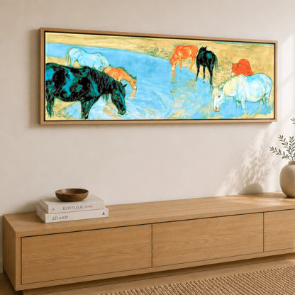 The Cerulean Stream Wild Horses panoramic canvas wall art displayed above a sideboard