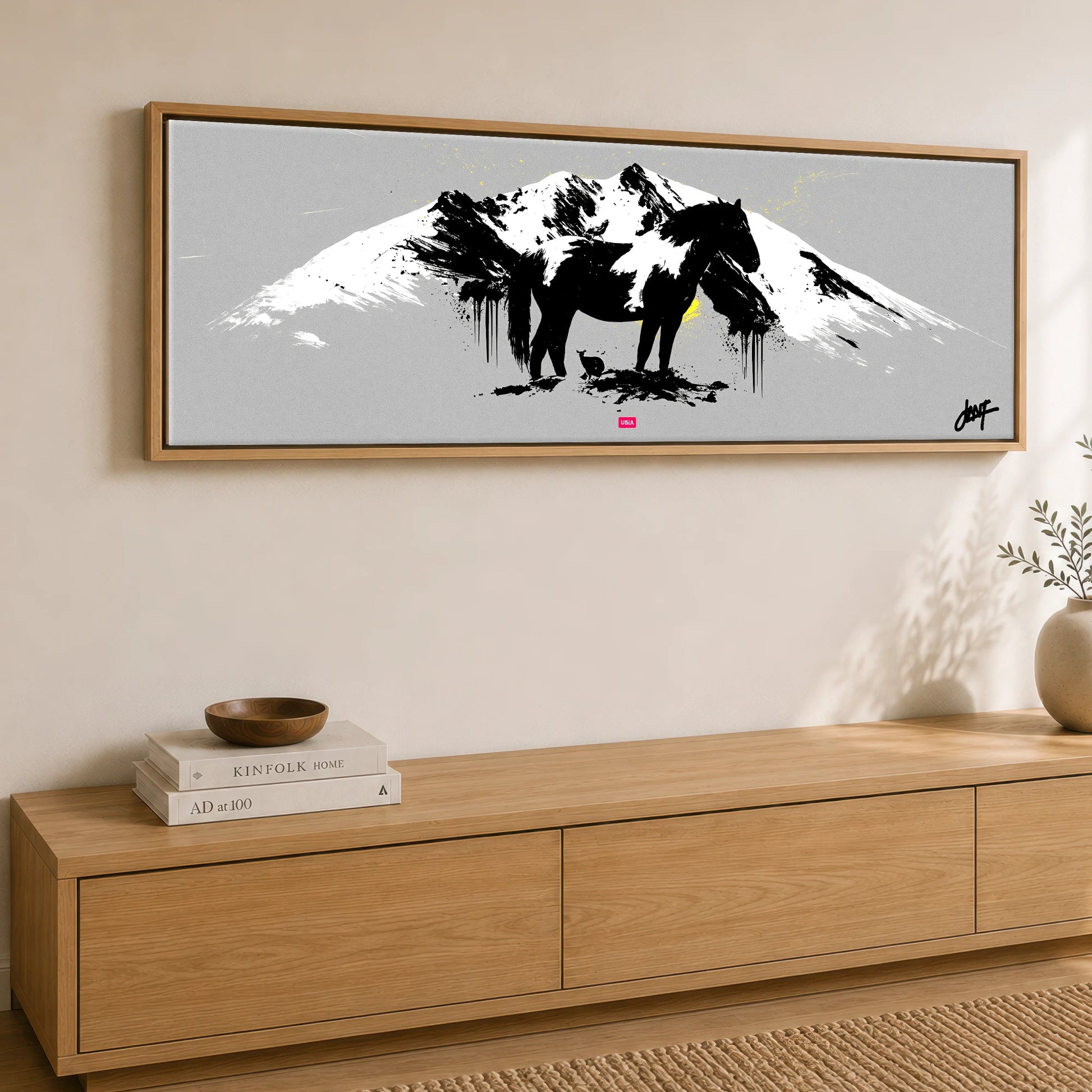 Bold Alpine Silhouette Horse Landscape panoramic canvas wall art displayed above a sideboard