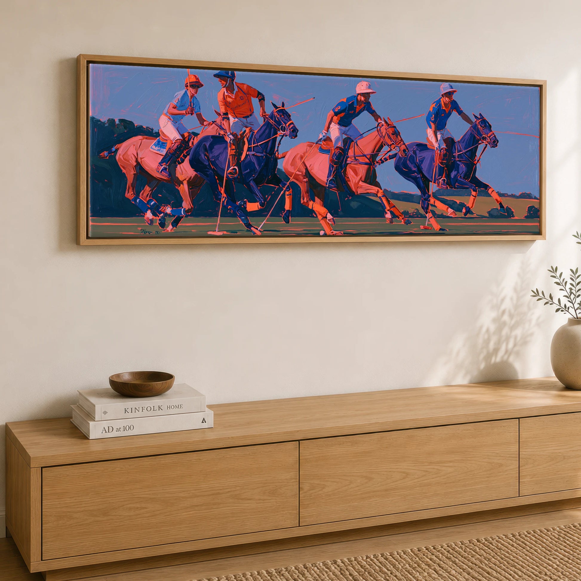 Vibrant Polo Charge Polo Horse panoramic canvas wall art displayed above a sideboard