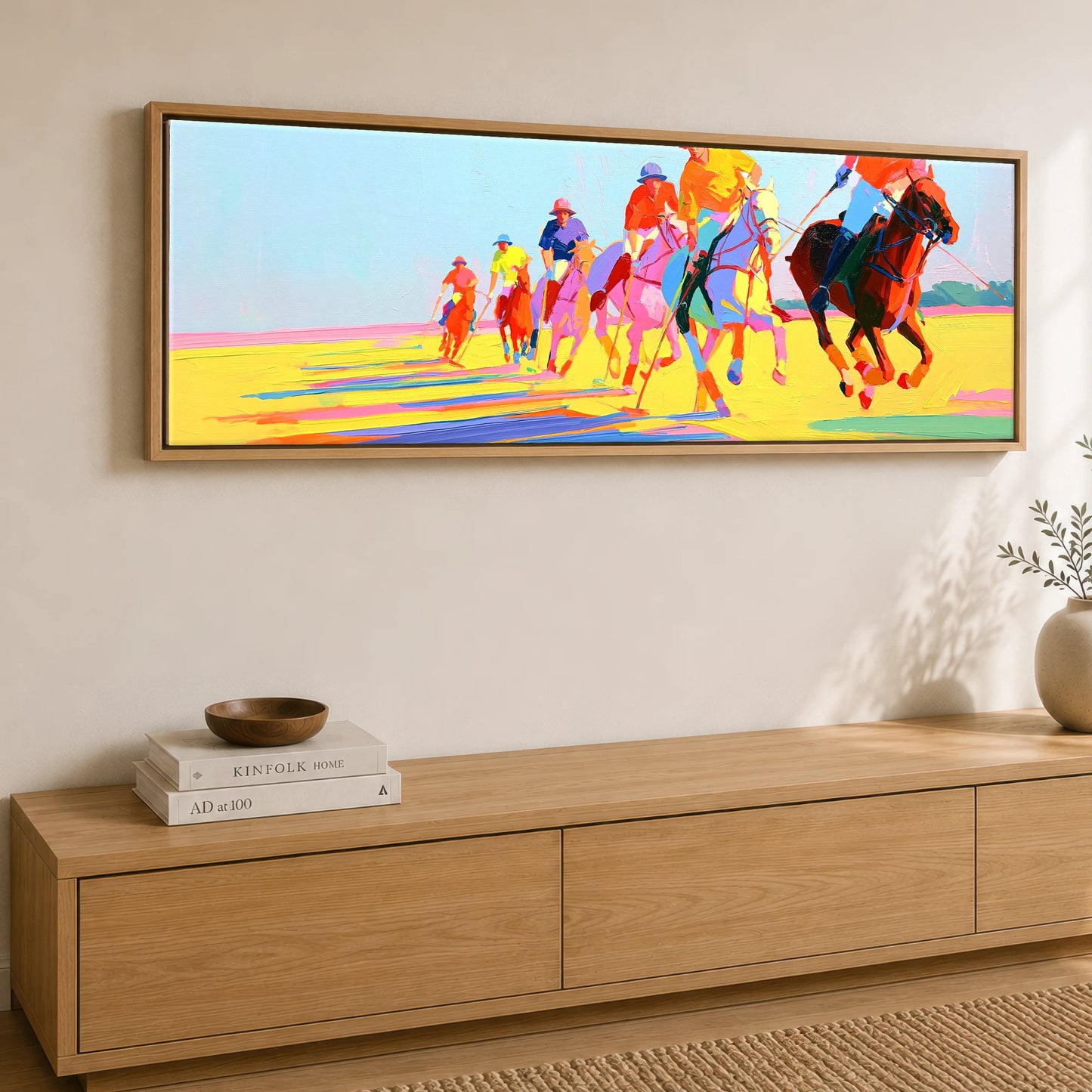 Technicolour Polo Charge Polo Horse panoramic canvas wall art displayed above a sideboard