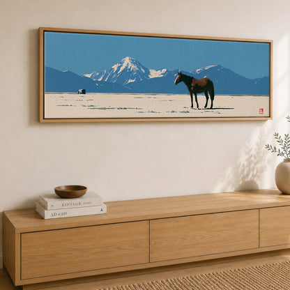 The Vast Horizon Horse Landscape panoramic canvas wall art displayed above a sideboard