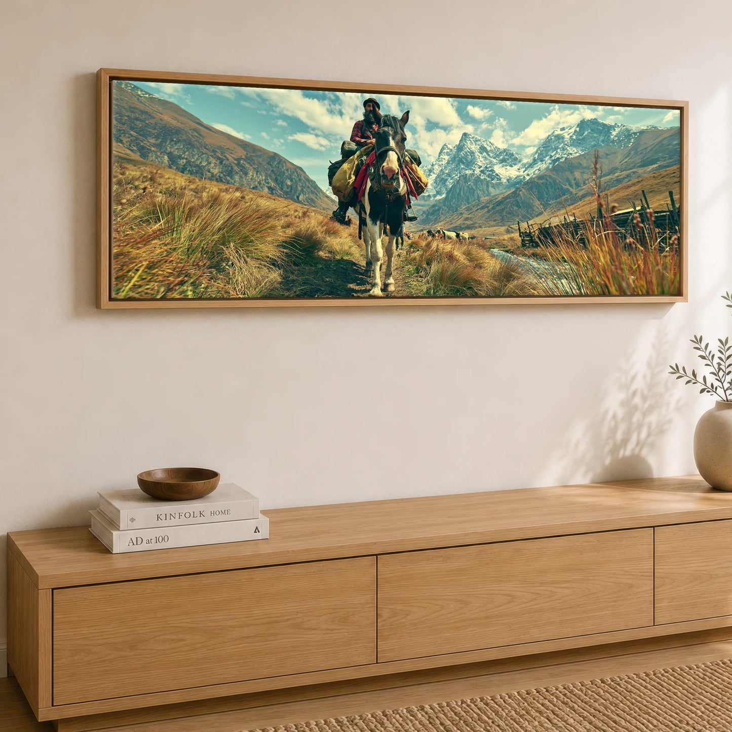 The High Pass Horse Landscape panoramic canvas wall art displayed above a sideboard