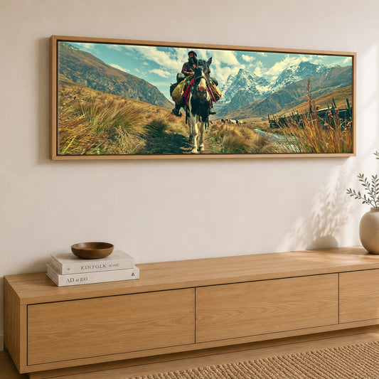 The High Pass Horse Landscape panoramic canvas wall art displayed above a sideboard