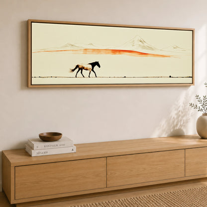 The Amber Horizon Horse Landscape panoramic canvas wall art displayed above a sideboard