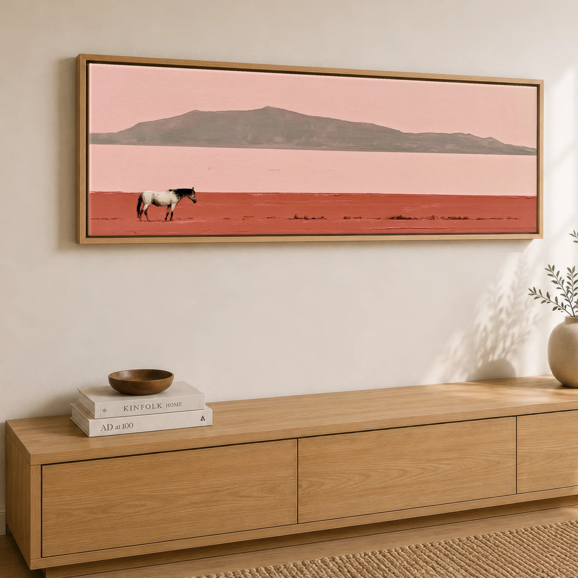 Terracotta Horizon Horse Landscape panoramic canvas wall art displayed above a sideboard