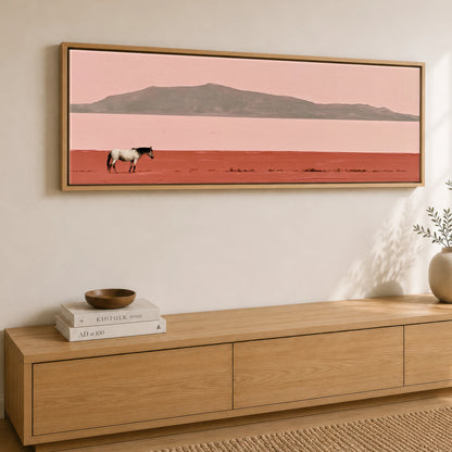 Terracotta Horizon Horse Landscape panoramic canvas wall art displayed above a sideboard