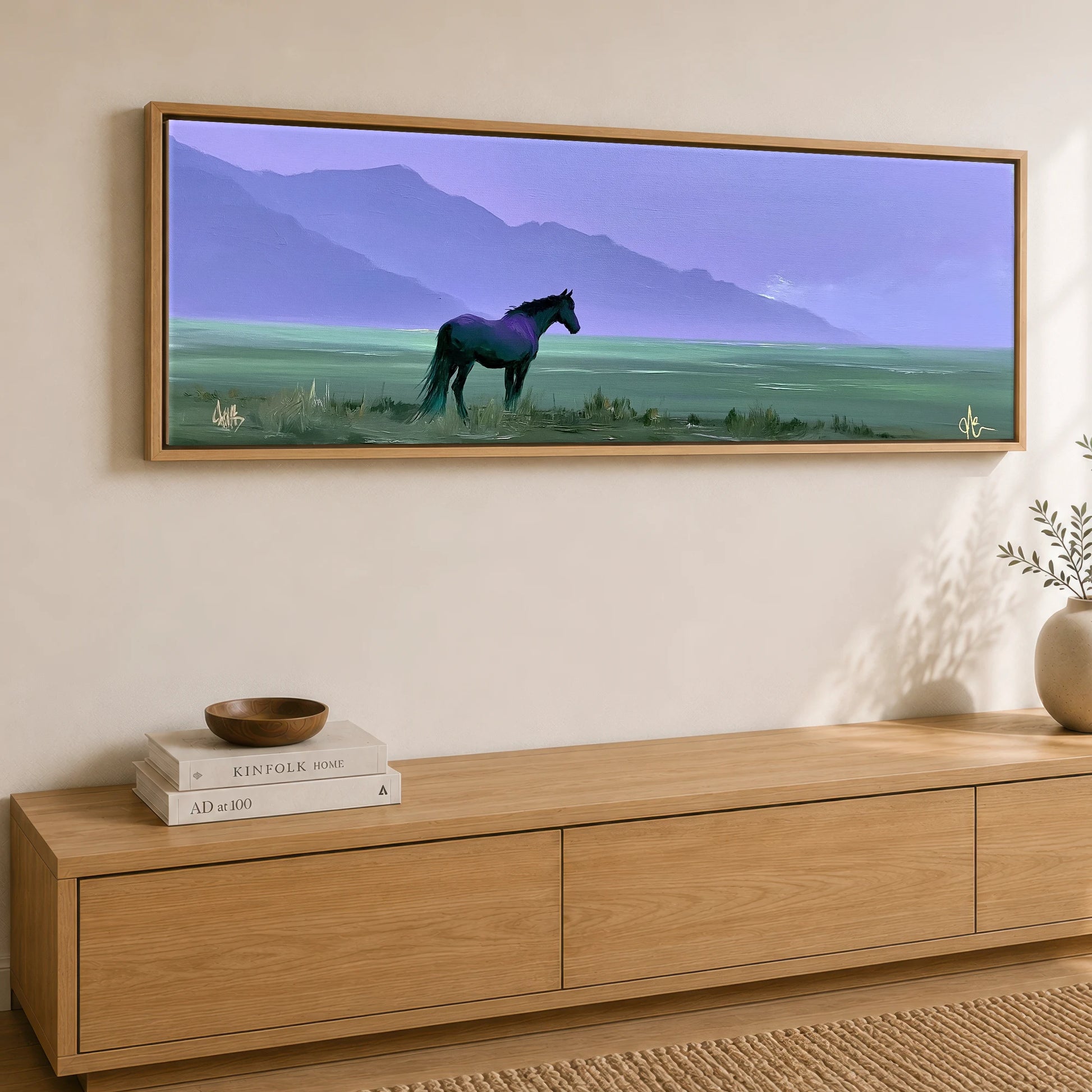 Dusk On The Violet Plain Horse Landscape panoramic canvas wall art displayed above a sideboard