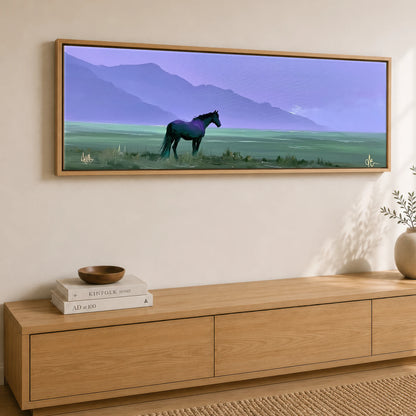 Dusk On The Violet Plain Horse Landscape panoramic canvas wall art displayed above a sideboard