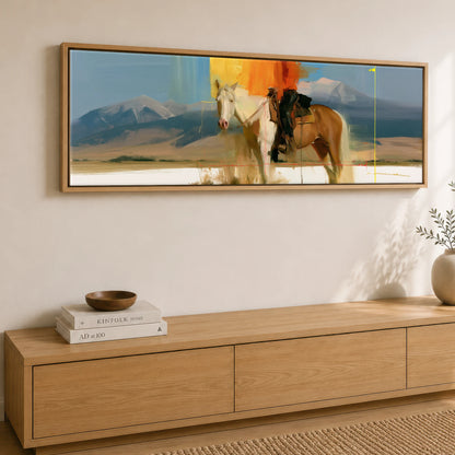 Abstract Western Horizon Horse Landscape panoramic canvas wall art displayed above a sideboard