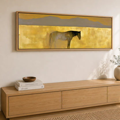 The Golden Expanse Horse Landscape panoramic canvas wall art displayed above a sideboard