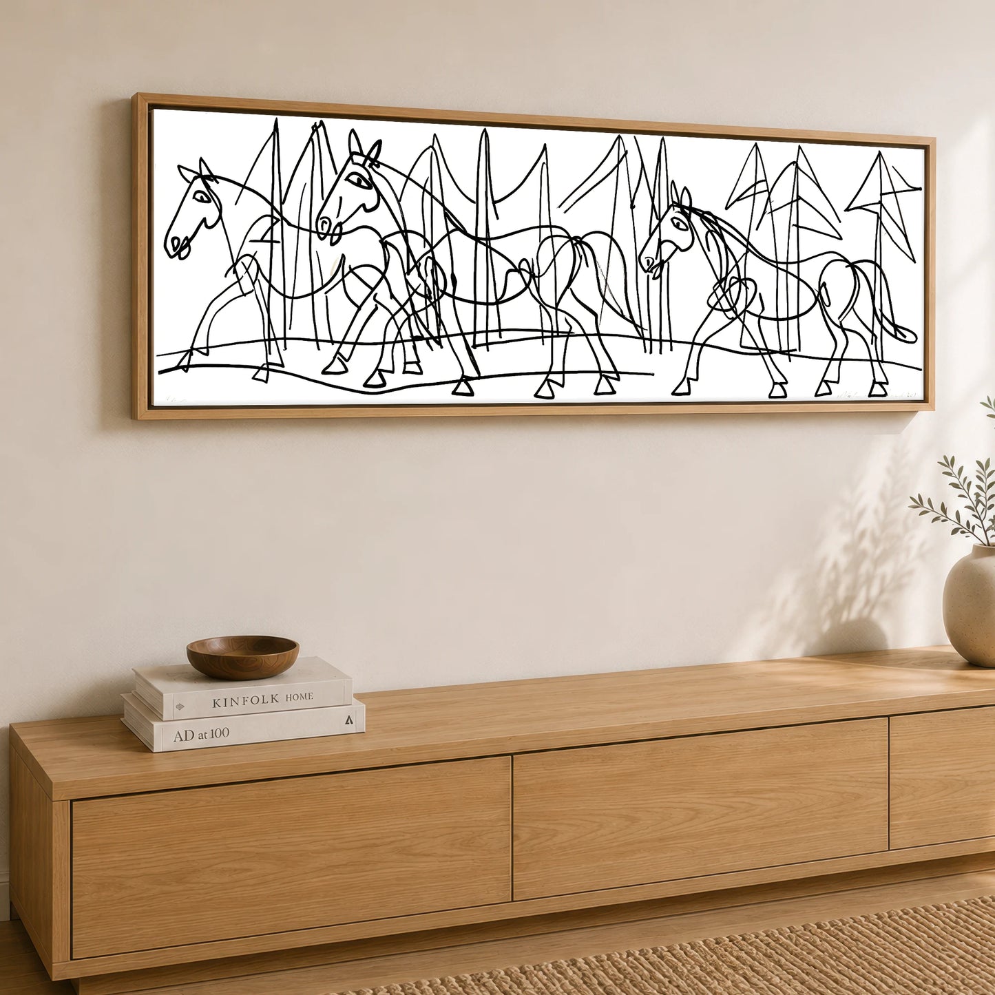 Abstract Equine Contours Horse Landscape panoramic canvas wall art displayed above a sideboard
