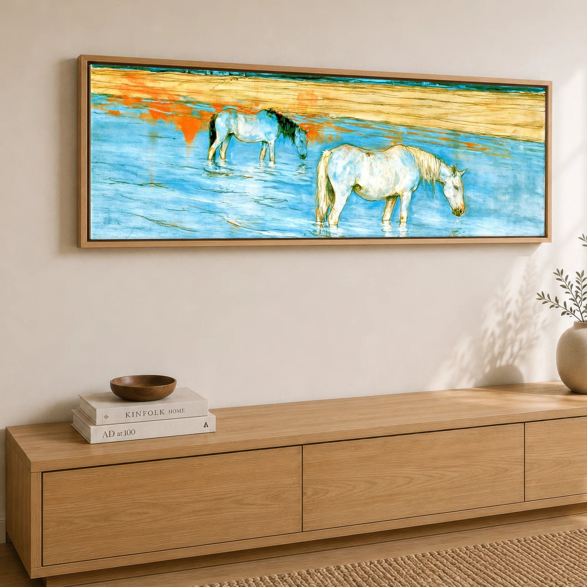 Cerulean Shoreline Greys Beach Horse panoramic canvas wall art displayed above a sideboard