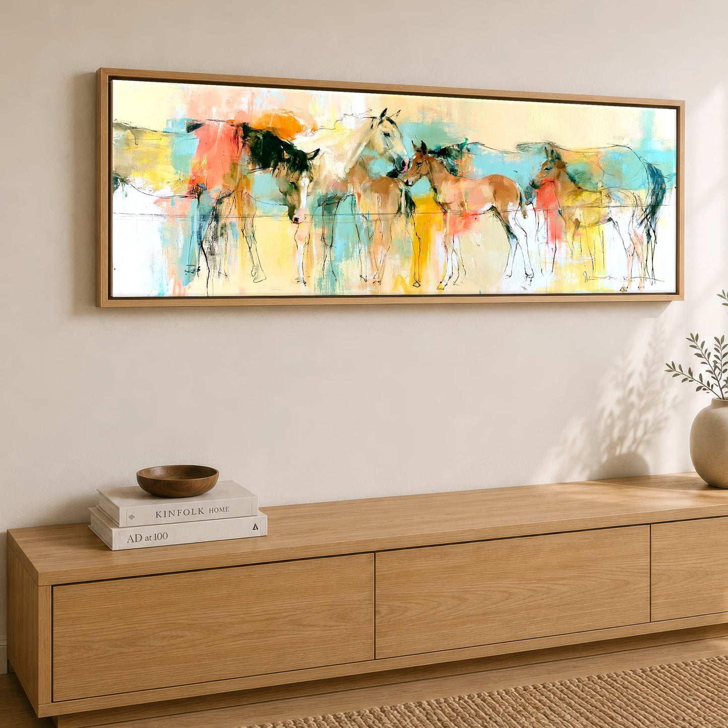 Vibrant Pasture Companions Mare & Foal panoramic canvas wall art displayed above a sideboard