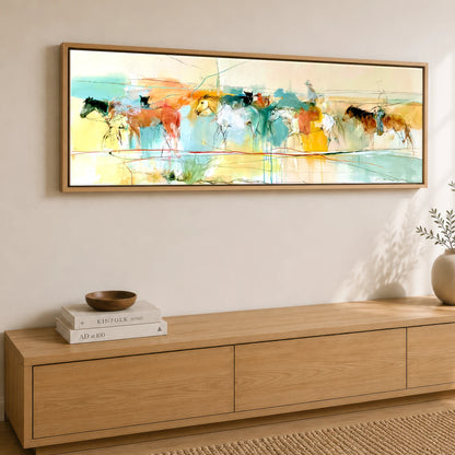 The Painted Trail Horse Landscape panoramic canvas wall art displayed above a sideboard