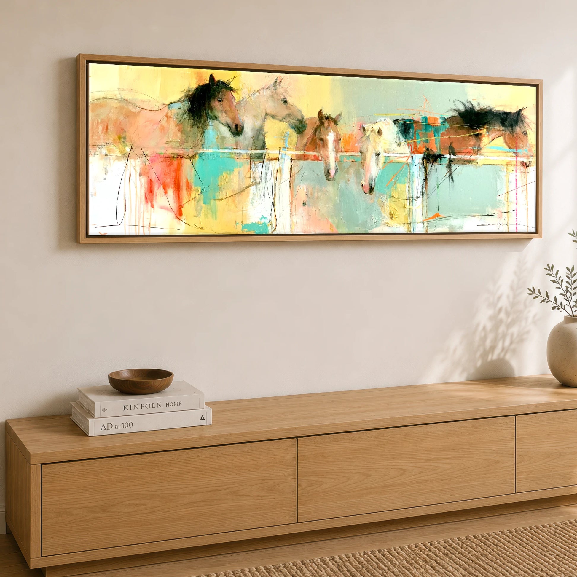 Over the Rail Horse Stable panoramic canvas wall art displayed above a sideboard