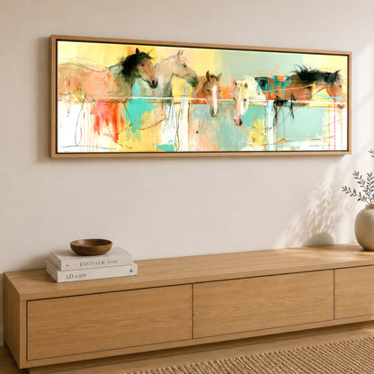Over the Rail Horse Stable panoramic canvas wall art displayed above a sideboard