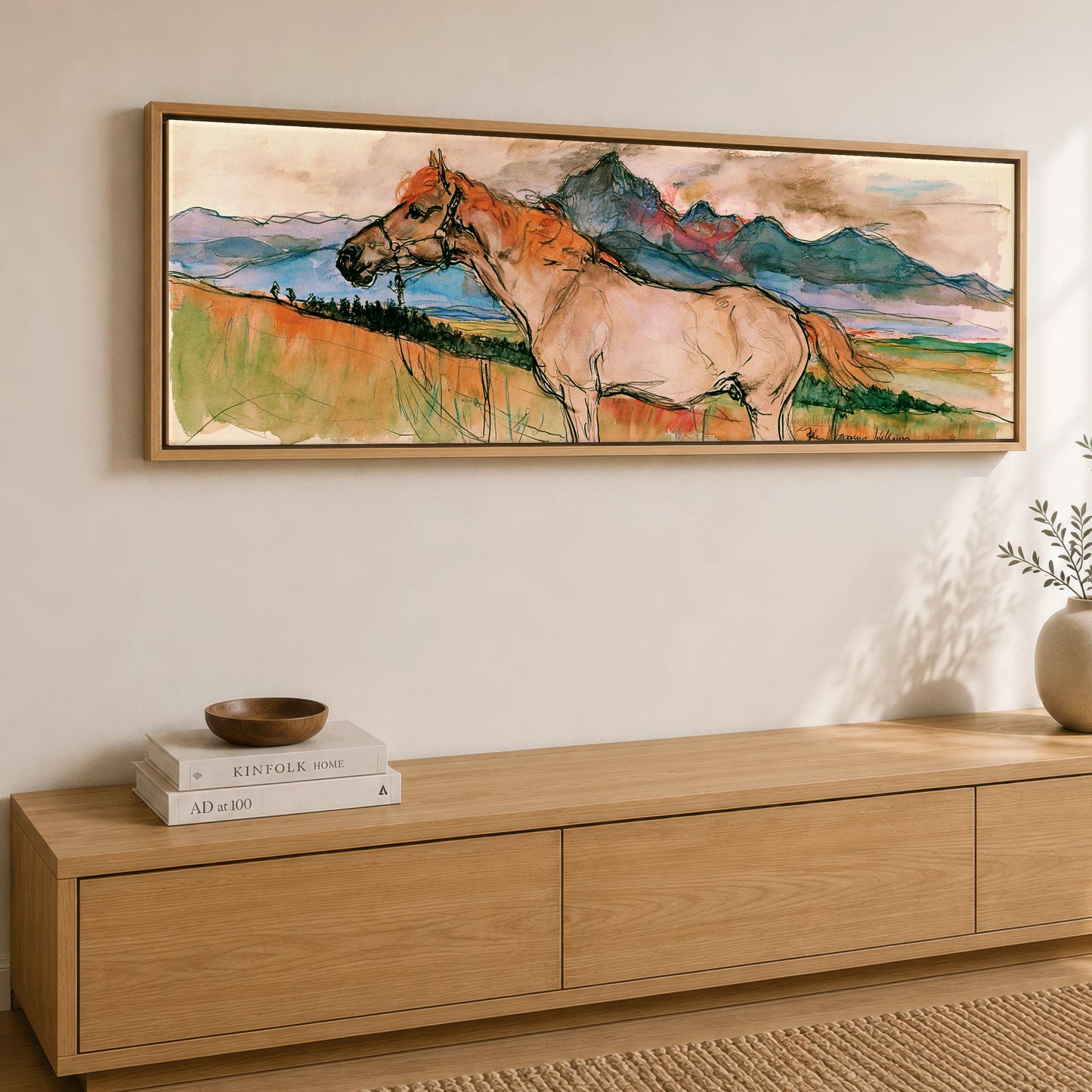 Mountain Spirit in Ochre Horse Landscape panoramic canvas wall art displayed above a sideboard
