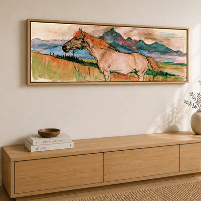 Mountain Spirit in Ochre Horse Landscape panoramic canvas wall art displayed above a sideboard
