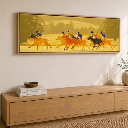 The Amber Chukka Polo Horse panoramic canvas wall art displayed above a sideboard