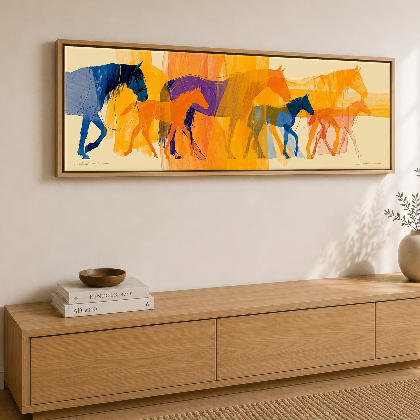 Vibrant Generations Mare & Foal panoramic canvas wall art displayed above a sideboard