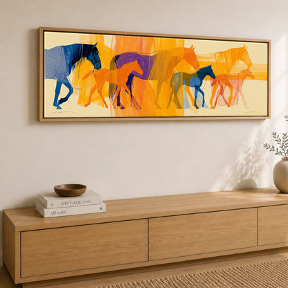 Vibrant Generations Mare & Foal panoramic canvas wall art displayed above a sideboard